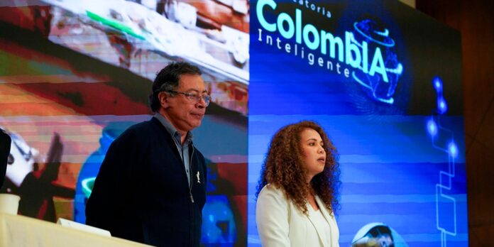 President Gustavo Petro and Science Minister Yesenia Olaya speak at the launch event of the ColombIA Inteligente 2025 call on AI and quantum technologies in Bogota.